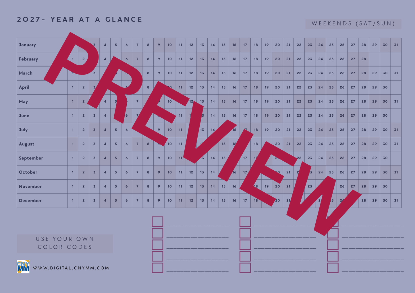 Year on a Page Printable Calendar 2027